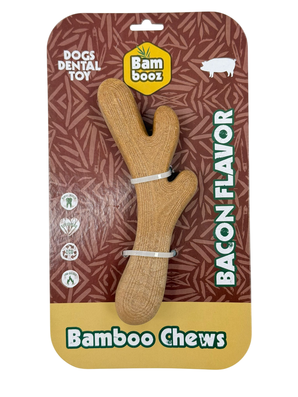 עצם לעיסה דנטלית לכלבים בצורת ענף במבוק Bam Booz – בטעם בייקון