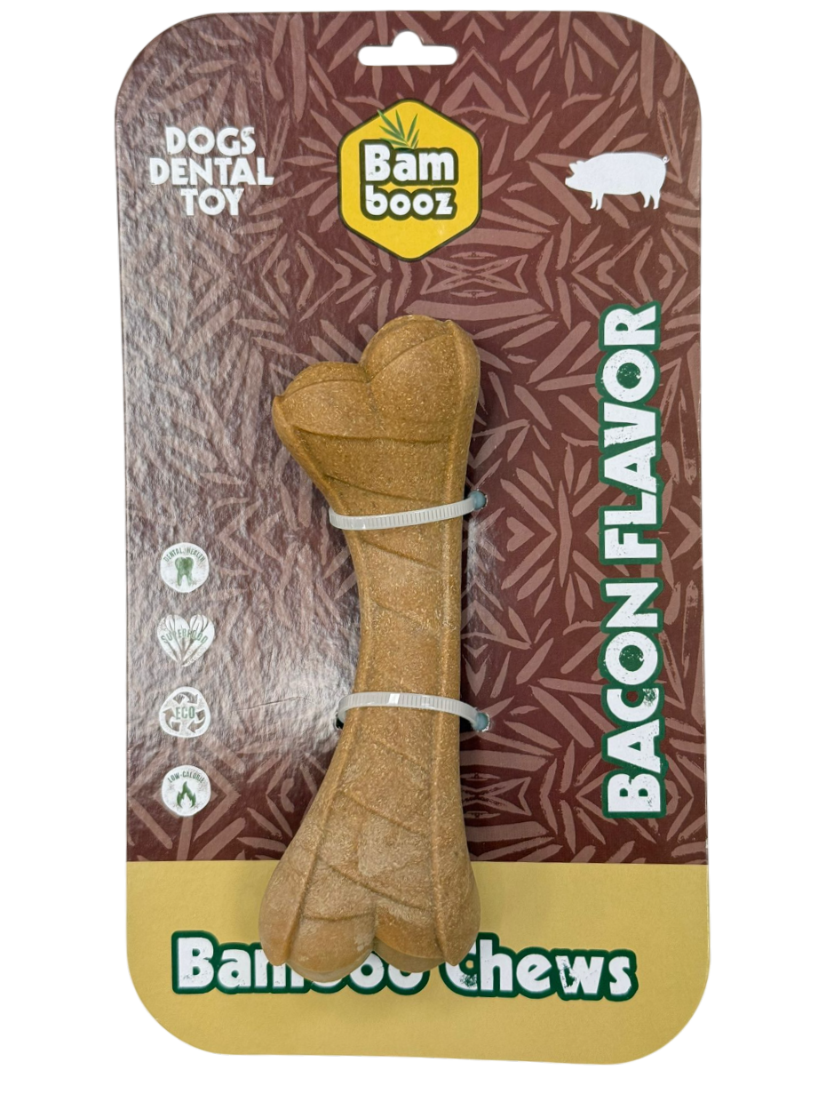 עצם לעיסה דנטלית לכלבים מבמבוק Bam Booz בעיצוב קלוע בטעם בייקון – Bamboo Che
